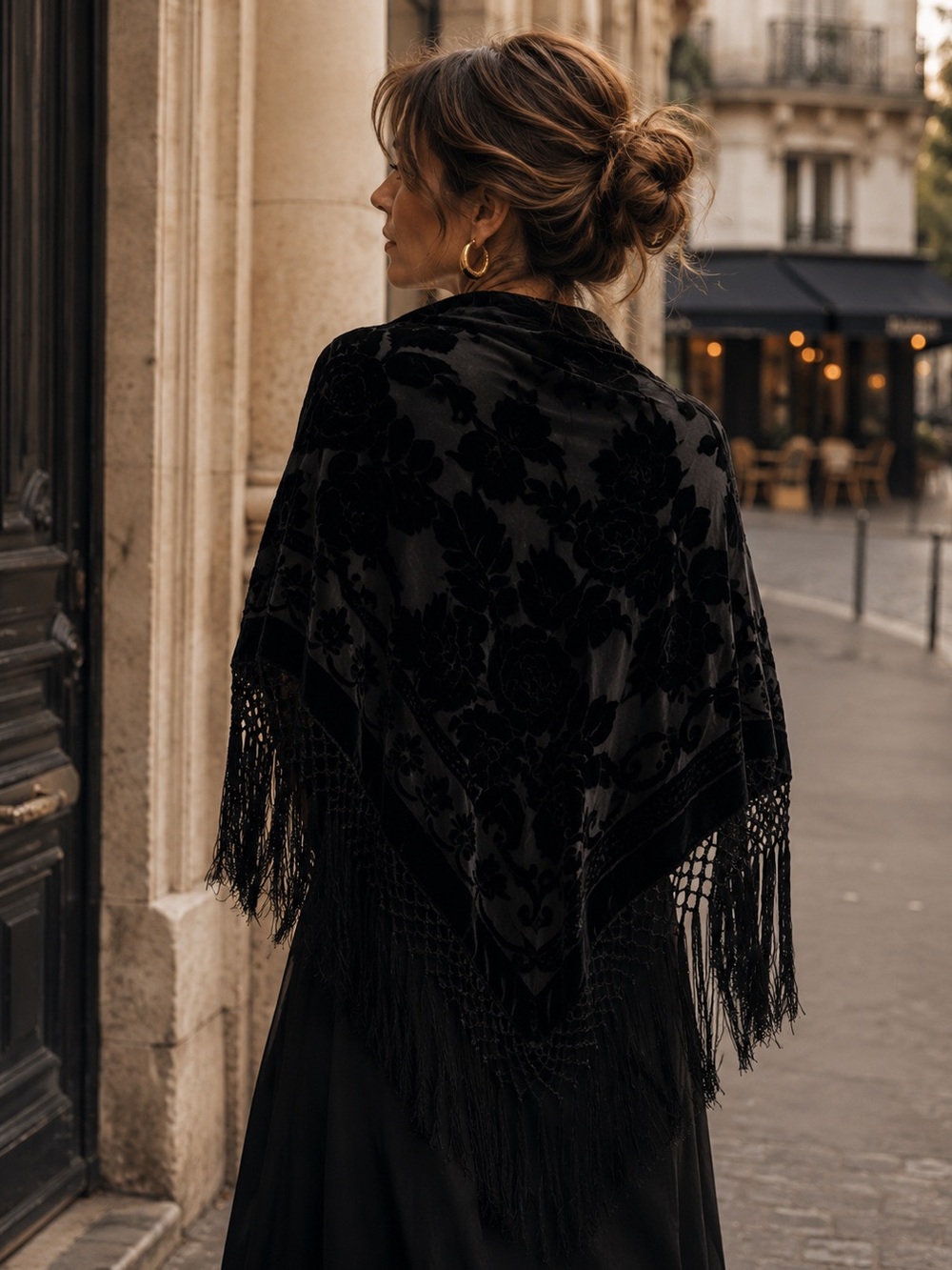 Vintage Black Burnout Velvet Fringe Shawl Wrap Floral Evening Boho Elegant